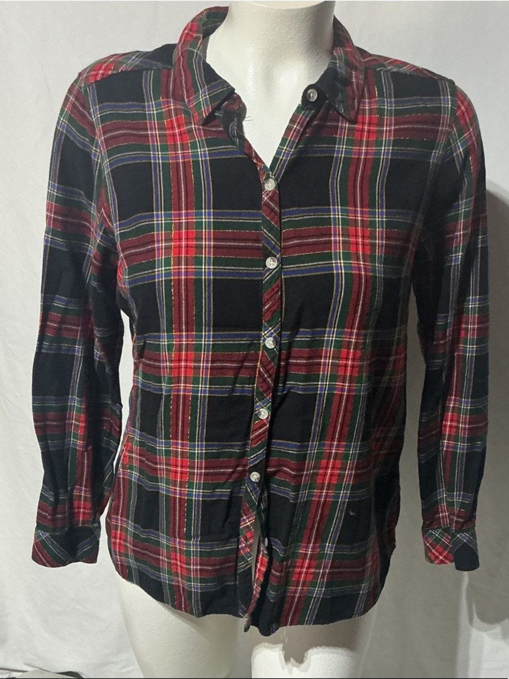Croft & Barrow Womens Black Plaid Tartan Gold Thread Shirt Sz XL